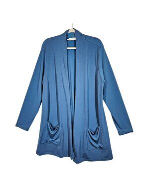 Susan Graver liquid knit Womens L blue Open Front Cardigan Pockets career flowy